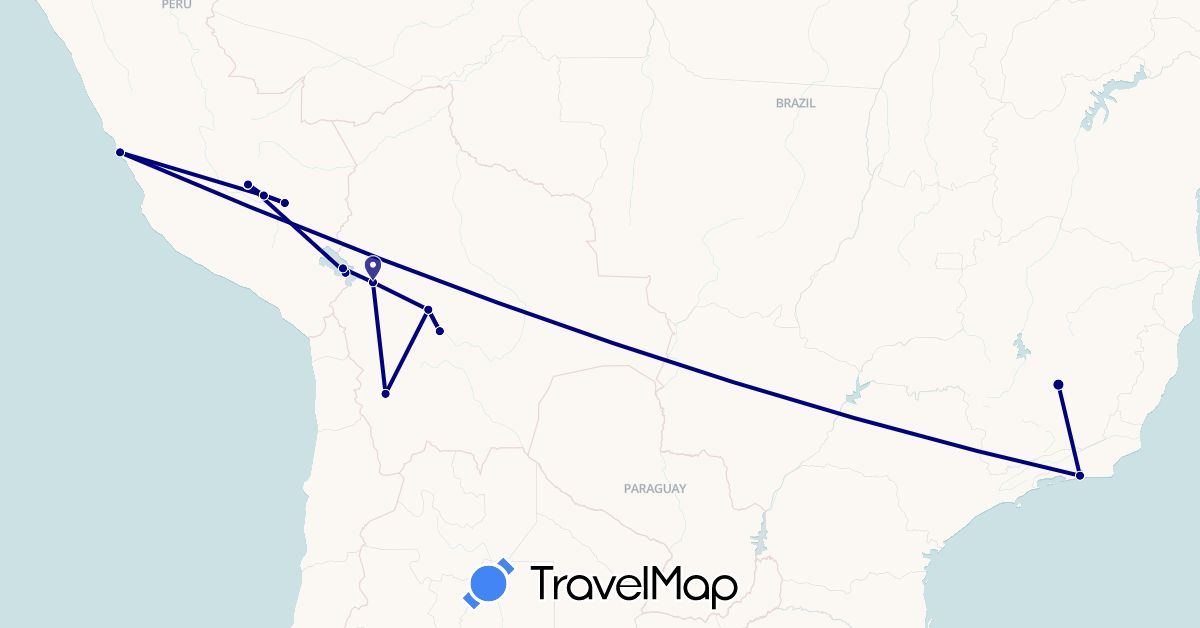 TravelMap itinerary: driving in Bolivia, Brazil, Peru (South America)
